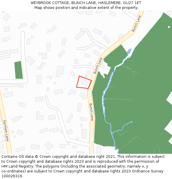 WEYBROOK COTTAGE, BUNCH LANE, HASLEMERE, GU27 1ET: Location map and indicative extent of plot