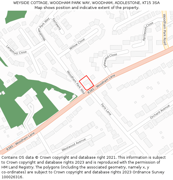 WEYSIDE COTTAGE, WOODHAM PARK WAY, WOODHAM, ADDLESTONE, KT15 3SA: Location map and indicative extent of plot