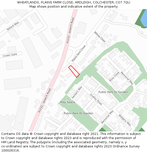 WHEATLANDS, PLAINS FARM CLOSE, ARDLEIGH, COLCHESTER, CO7 7QU: Location map and indicative extent of plot