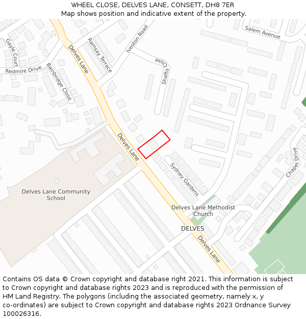 WHEEL CLOSE, DELVES LANE, CONSETT, DH8 7ER: Location map and indicative extent of plot