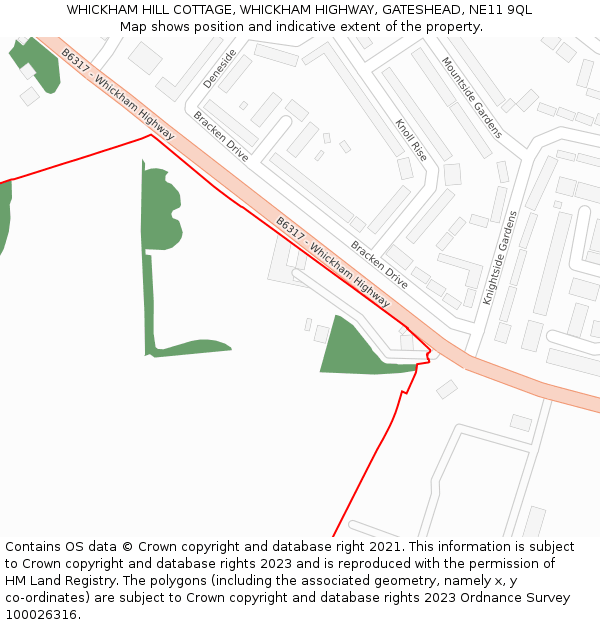 WHICKHAM HILL COTTAGE, WHICKHAM HIGHWAY, GATESHEAD, NE11 9QL: Location map and indicative extent of plot