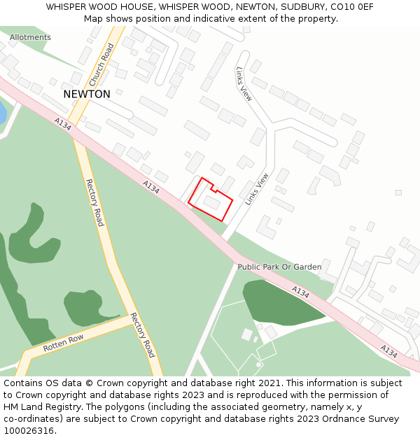 WHISPER WOOD HOUSE, WHISPER WOOD, NEWTON, SUDBURY, CO10 0EF: Location map and indicative extent of plot