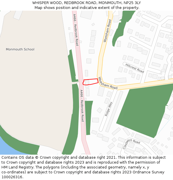 WHISPER WOOD, REDBROOK ROAD, MONMOUTH, NP25 3LY: Location map and indicative extent of plot