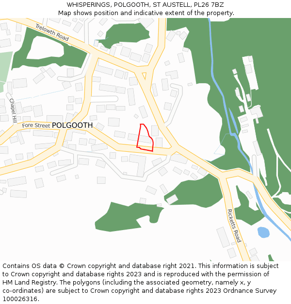 WHISPERINGS, POLGOOTH, ST AUSTELL, PL26 7BZ: Location map and indicative extent of plot