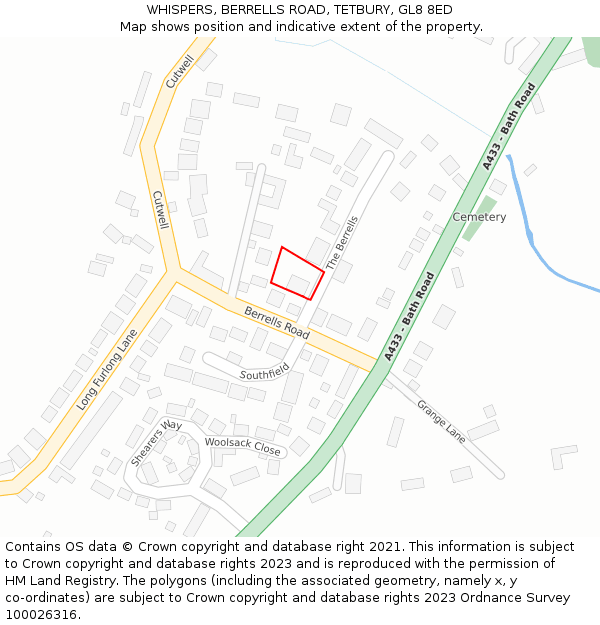 WHISPERS, BERRELLS ROAD, TETBURY, GL8 8ED: Location map and indicative extent of plot