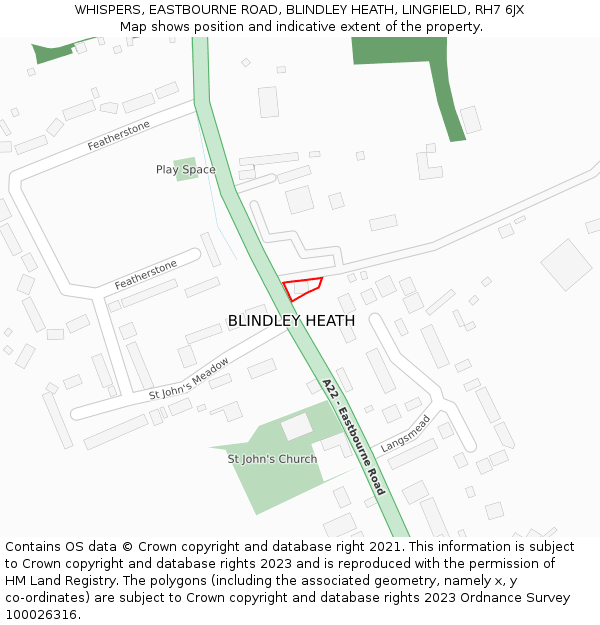 WHISPERS, EASTBOURNE ROAD, BLINDLEY HEATH, LINGFIELD, RH7 6JX: Location map and indicative extent of plot