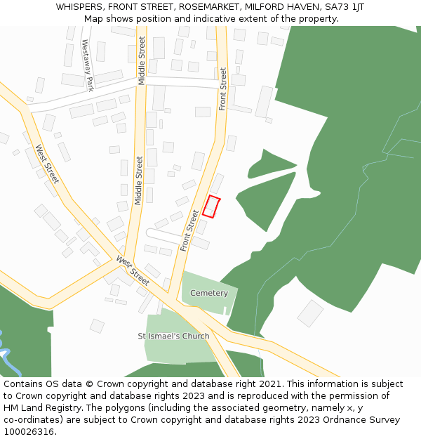 WHISPERS, FRONT STREET, ROSEMARKET, MILFORD HAVEN, SA73 1JT: Location map and indicative extent of plot