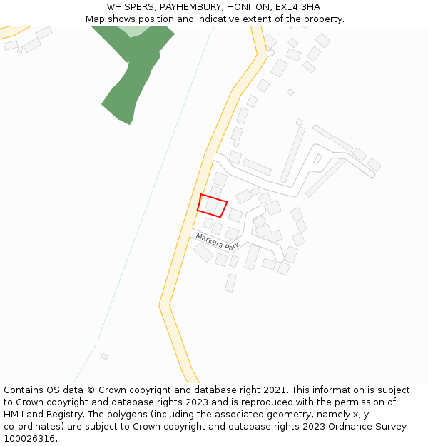 WHISPERS, PAYHEMBURY, HONITON, EX14 3HA: Location map and indicative extent of plot