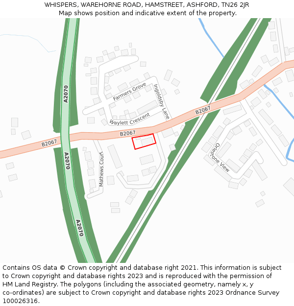 WHISPERS, WAREHORNE ROAD, HAMSTREET, ASHFORD, TN26 2JR: Location map and indicative extent of plot