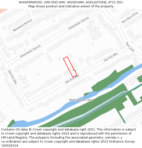 WHISPERWOOD, OAK END WAY, WOODHAM, ADDLESTONE, KT15 3DU: Location map and indicative extent of plot