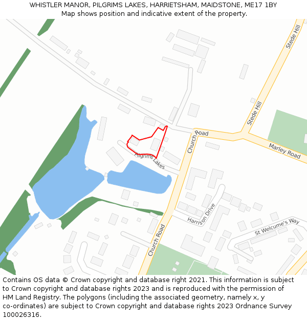 WHISTLER MANOR, PILGRIMS LAKES, HARRIETSHAM, MAIDSTONE, ME17 1BY: Location map and indicative extent of plot