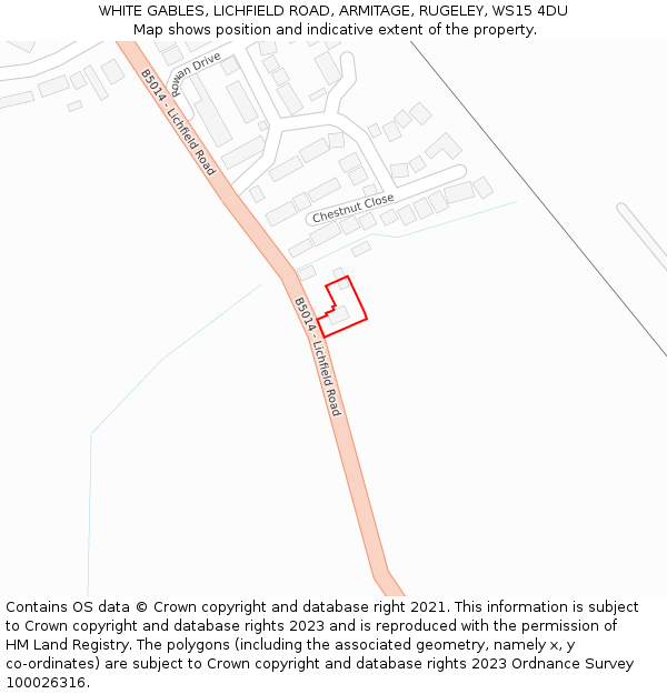 WHITE GABLES, LICHFIELD ROAD, ARMITAGE, RUGELEY, WS15 4DU: Location map and indicative extent of plot