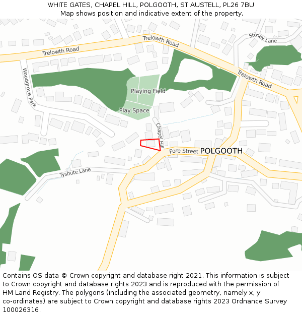 WHITE GATES, CHAPEL HILL, POLGOOTH, ST AUSTELL, PL26 7BU: Location map and indicative extent of plot