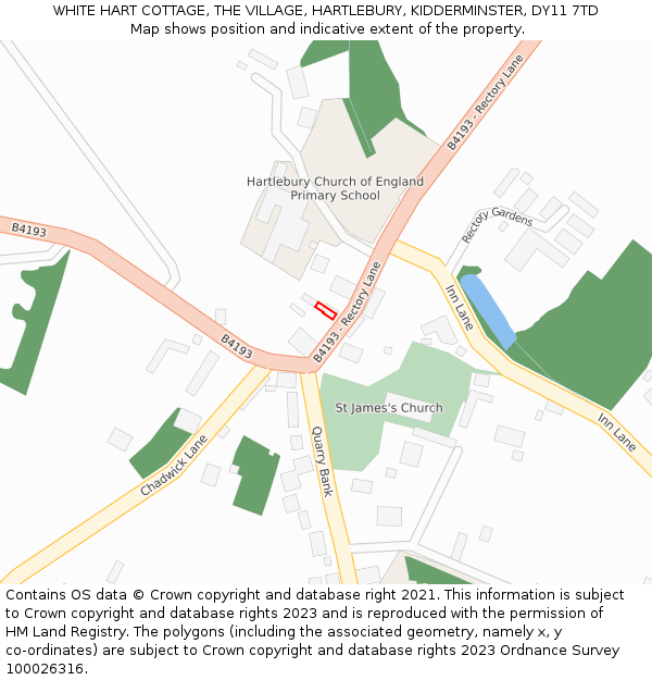 WHITE HART COTTAGE, THE VILLAGE, HARTLEBURY, KIDDERMINSTER, DY11 7TD: Location map and indicative extent of plot