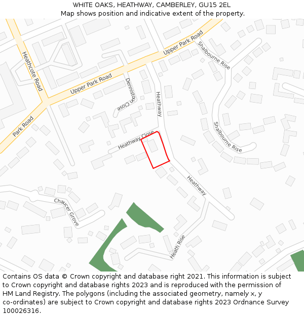 WHITE OAKS, HEATHWAY, CAMBERLEY, GU15 2EL: Location map and indicative extent of plot