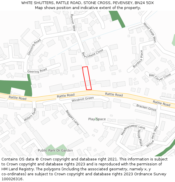 WHITE SHUTTERS, RATTLE ROAD, STONE CROSS, PEVENSEY, BN24 5DX: Location map and indicative extent of plot
