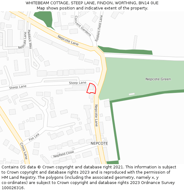 WHITEBEAM COTTAGE, STEEP LANE, FINDON, WORTHING, BN14 0UE: Location map and indicative extent of plot