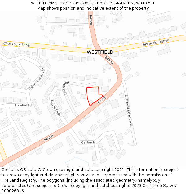 WHITEBEAMS, BOSBURY ROAD, CRADLEY, MALVERN, WR13 5LT: Location map and indicative extent of plot