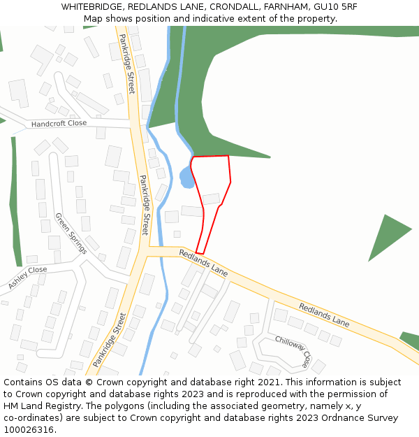 WHITEBRIDGE, REDLANDS LANE, CRONDALL, FARNHAM, GU10 5RF: Location map and indicative extent of plot