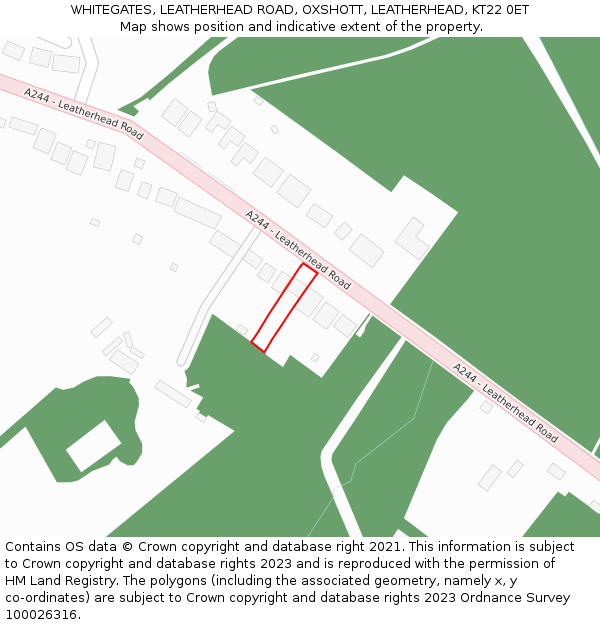 WHITEGATES, LEATHERHEAD ROAD, OXSHOTT, LEATHERHEAD, KT22 0ET: Location map and indicative extent of plot