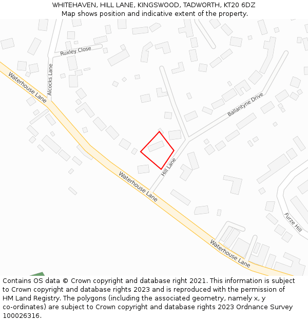 WHITEHAVEN, HILL LANE, KINGSWOOD, TADWORTH, KT20 6DZ: Location map and indicative extent of plot