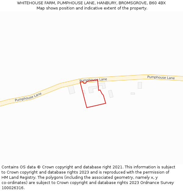 WHITEHOUSE FARM, PUMPHOUSE LANE, HANBURY, BROMSGROVE, B60 4BX: Location map and indicative extent of plot