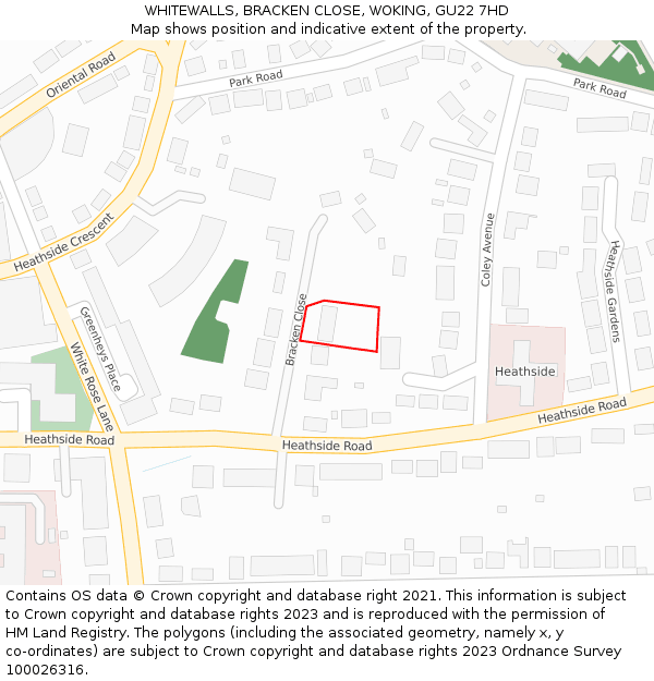 WHITEWALLS, BRACKEN CLOSE, WOKING, GU22 7HD: Location map and indicative extent of plot