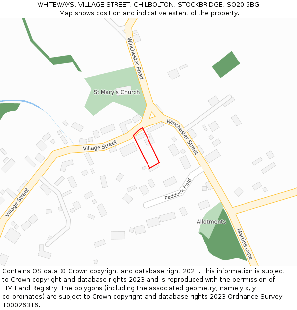 WHITEWAYS, VILLAGE STREET, CHILBOLTON, STOCKBRIDGE, SO20 6BG: Location map and indicative extent of plot