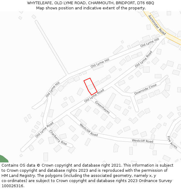 WHYTELEAFE, OLD LYME ROAD, CHARMOUTH, BRIDPORT, DT6 6BQ: Location map and indicative extent of plot