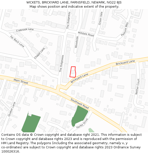 WICKETS, BRICKYARD LANE, FARNSFIELD, NEWARK, NG22 8JS: Location map and indicative extent of plot