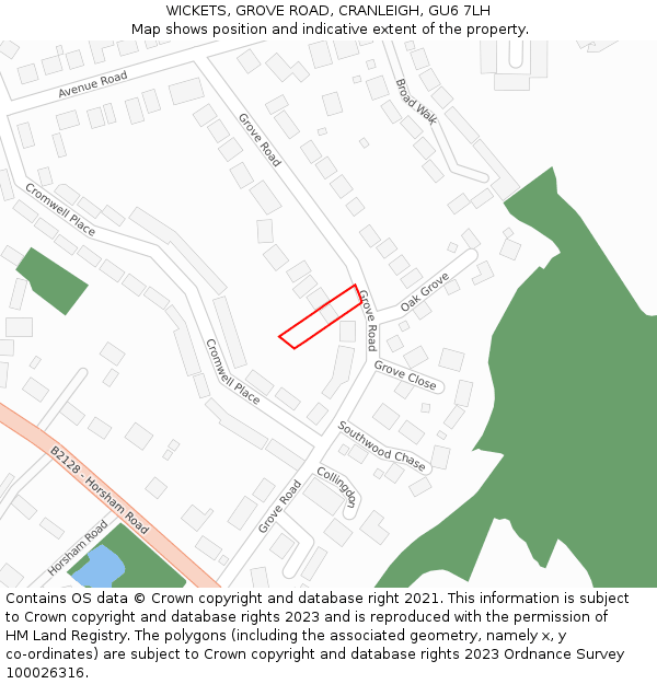 WICKETS, GROVE ROAD, CRANLEIGH, GU6 7LH: Location map and indicative extent of plot