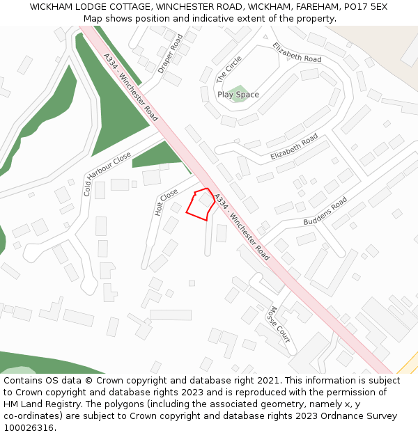 WICKHAM LODGE COTTAGE, WINCHESTER ROAD, WICKHAM, FAREHAM, PO17 5EX: Location map and indicative extent of plot