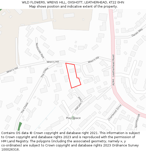 WILD FLOWERS, WRENS HILL, OXSHOTT, LEATHERHEAD, KT22 0HN: Location map and indicative extent of plot