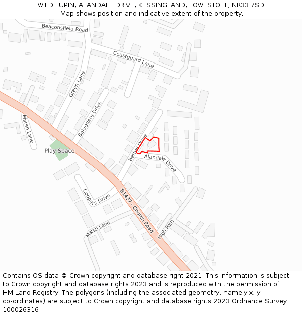 WILD LUPIN, ALANDALE DRIVE, KESSINGLAND, LOWESTOFT, NR33 7SD: Location map and indicative extent of plot