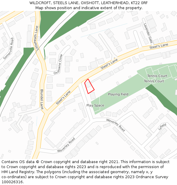 WILDCROFT, STEELS LANE, OXSHOTT, LEATHERHEAD, KT22 0RF: Location map and indicative extent of plot