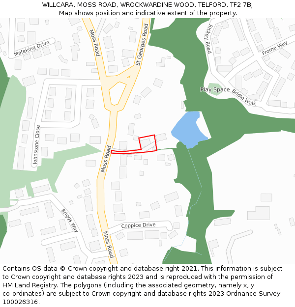 WILLCARA, MOSS ROAD, WROCKWARDINE WOOD, TELFORD, TF2 7BJ: Location map and indicative extent of plot