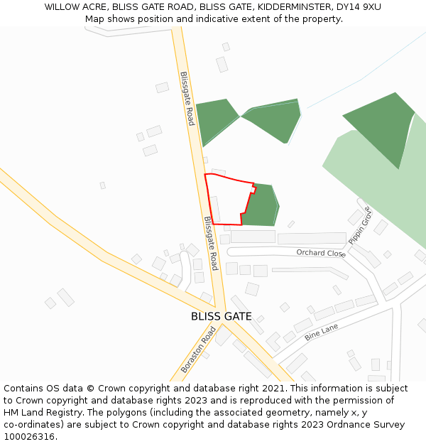 WILLOW ACRE, BLISS GATE ROAD, BLISS GATE, KIDDERMINSTER, DY14 9XU: Location map and indicative extent of plot