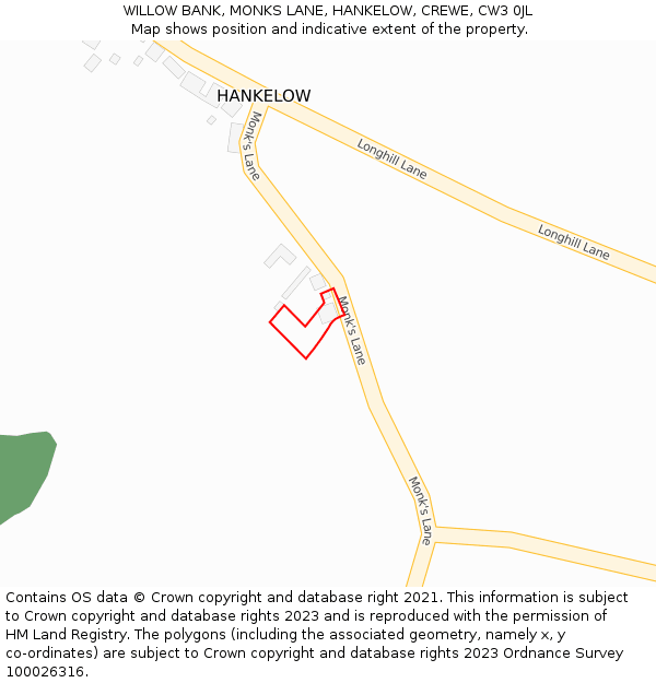 WILLOW BANK, MONKS LANE, HANKELOW, CREWE, CW3 0JL: Location map and indicative extent of plot