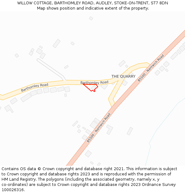 WILLOW COTTAGE, BARTHOMLEY ROAD, AUDLEY, STOKE-ON-TRENT, ST7 8DN: Location map and indicative extent of plot