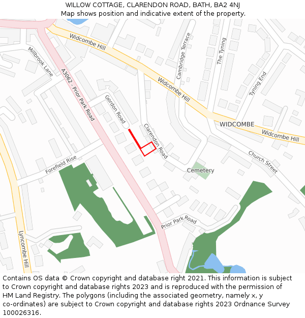 WILLOW COTTAGE, CLARENDON ROAD, BATH, BA2 4NJ: Location map and indicative extent of plot