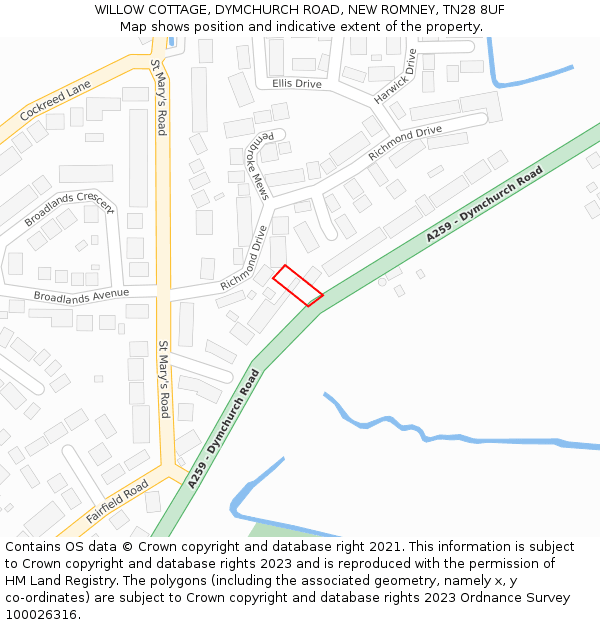 WILLOW COTTAGE, DYMCHURCH ROAD, NEW ROMNEY, TN28 8UF: Location map and indicative extent of plot