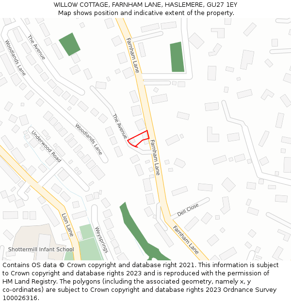 WILLOW COTTAGE, FARNHAM LANE, HASLEMERE, GU27 1EY: Location map and indicative extent of plot