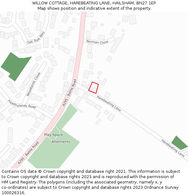 WILLOW COTTAGE, HAREBEATING LANE, HAILSHAM, BN27 1EP: Location map and indicative extent of plot