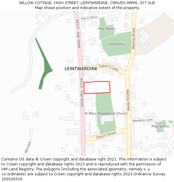 WILLOW COTTAGE, HIGH STREET, LEINTWARDINE, CRAVEN ARMS, SY7 0LB: Location map and indicative extent of plot