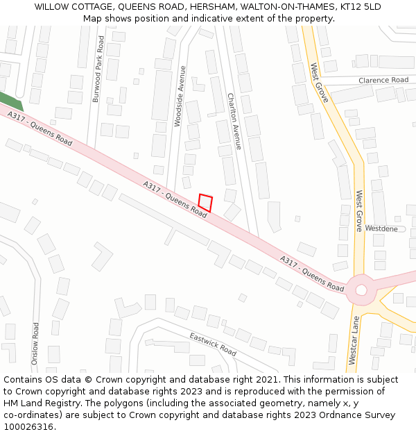 WILLOW COTTAGE, QUEENS ROAD, HERSHAM, WALTON-ON-THAMES, KT12 5LD: Location map and indicative extent of plot
