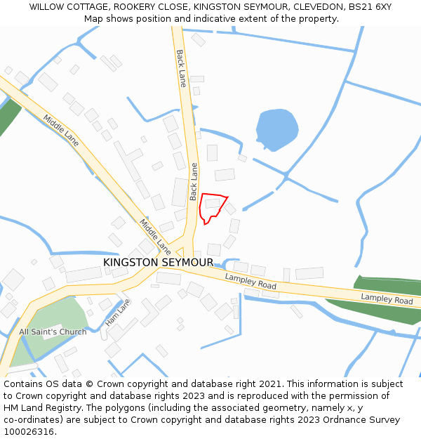 WILLOW COTTAGE, ROOKERY CLOSE, KINGSTON SEYMOUR, CLEVEDON, BS21 6XY: Location map and indicative extent of plot