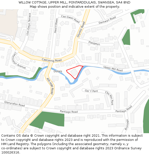 WILLOW COTTAGE, UPPER MILL, PONTARDDULAIS, SWANSEA, SA4 8ND: Location map and indicative extent of plot