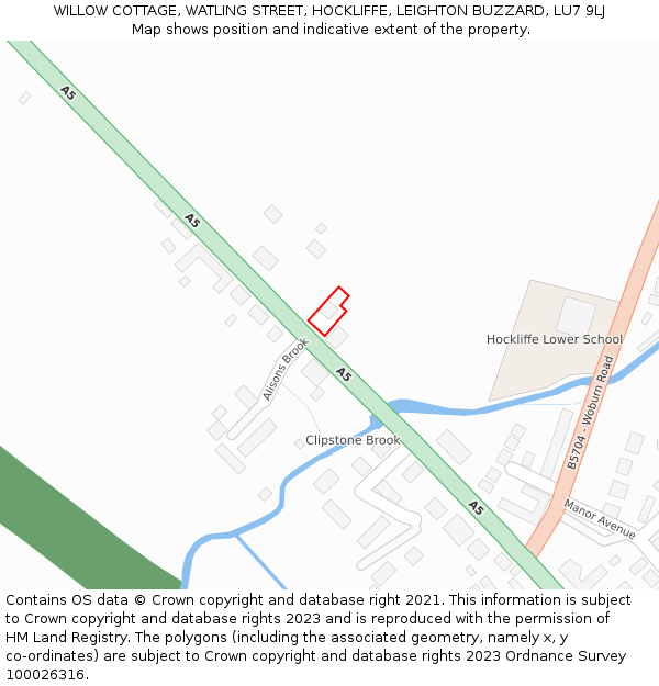 WILLOW COTTAGE, WATLING STREET, HOCKLIFFE, LEIGHTON BUZZARD, LU7 9LJ: Location map and indicative extent of plot