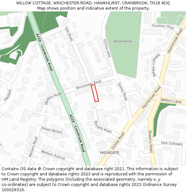 WILLOW COTTAGE, WINCHESTER ROAD, HAWKHURST, CRANBROOK, TN18 4DQ: Location map and indicative extent of plot