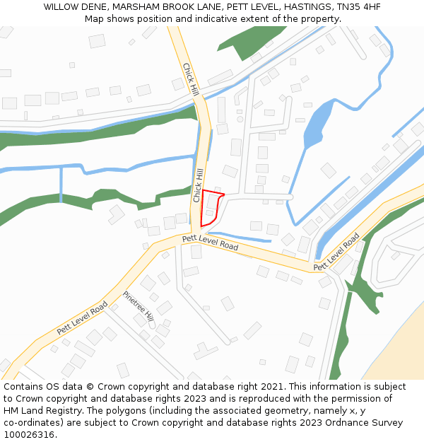 WILLOW DENE, MARSHAM BROOK LANE, PETT LEVEL, HASTINGS, TN35 4HF: Location map and indicative extent of plot